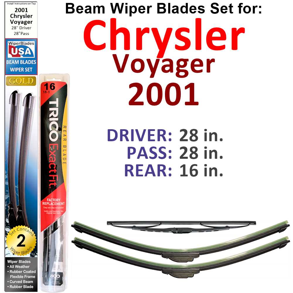 Set of 3 Beam Wiper Blades designed for 2001 Chrysler Voyager, showcasing their flexible and sealed construction for optimal performance.