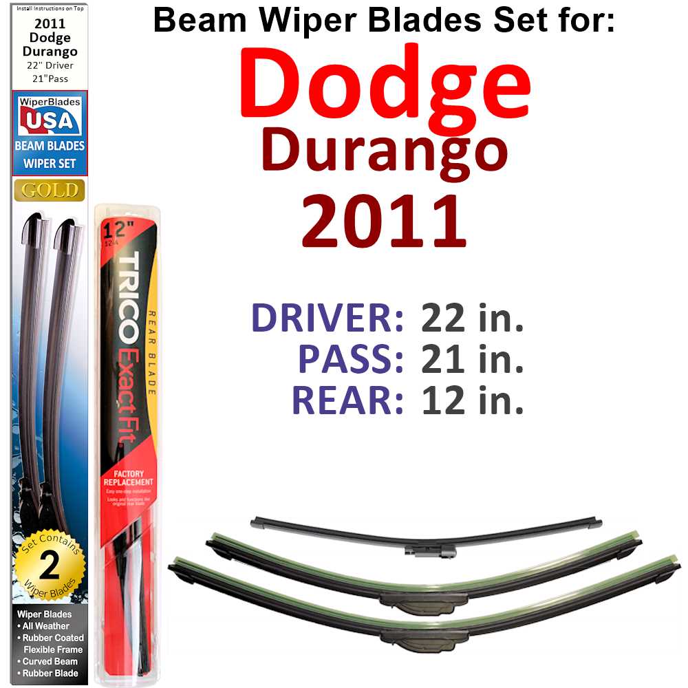 Set of 3 Beam Wiper Blades designed for 2011 Dodge Durango, showcasing their flexible and durable construction.