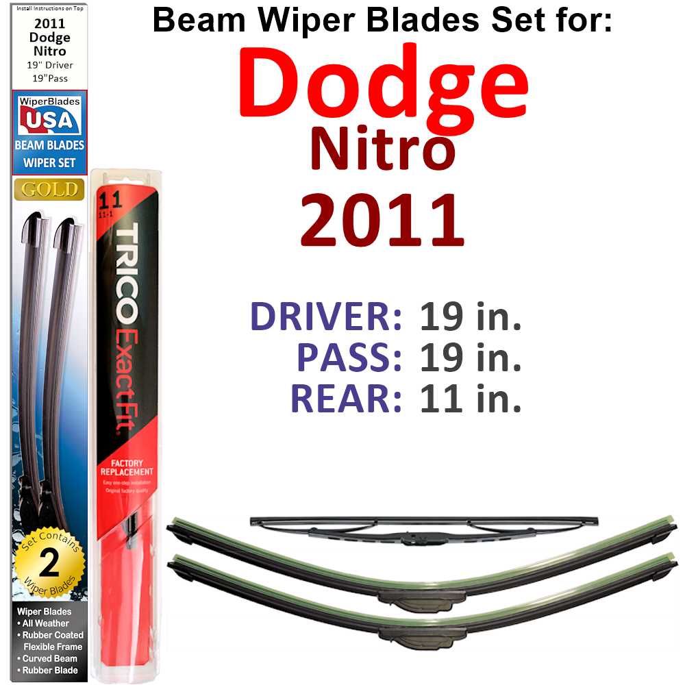 Set of 3 Beam Wiper Blades designed for 2011 Dodge Nitro, showcasing their flexible and durable construction.