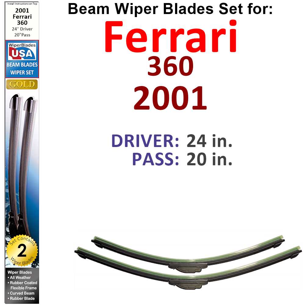 Set of two Beam Wiper Blades designed for 2001 Ferrari 360, showcasing their sleek and flexible design.