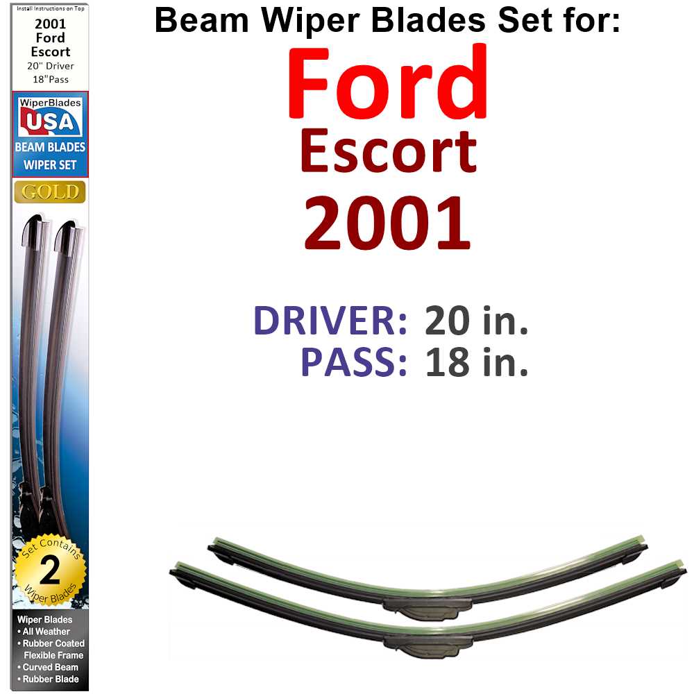 Set of two Beam Wiper Blades designed for 2001 Ford Escort, showcasing their flexible beam design and rubber-covered metal spine.