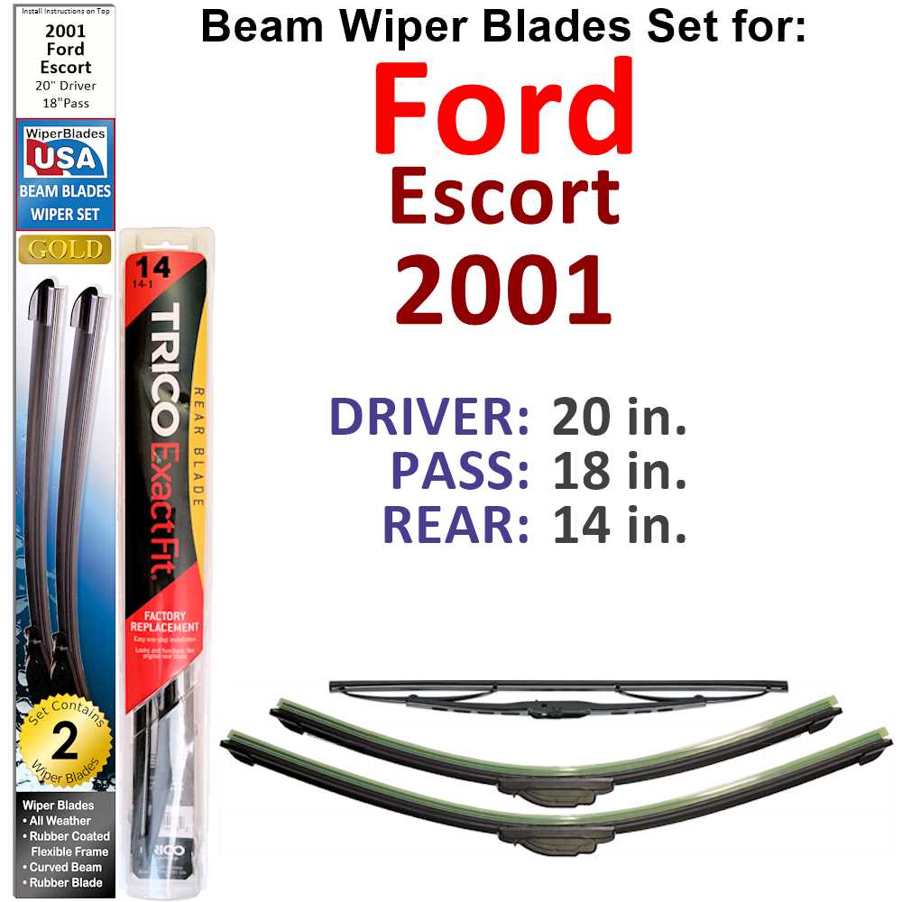 Set of 3 Beam Wiper Blades designed for 2001 Ford Escort, showcasing their flexible and durable construction.