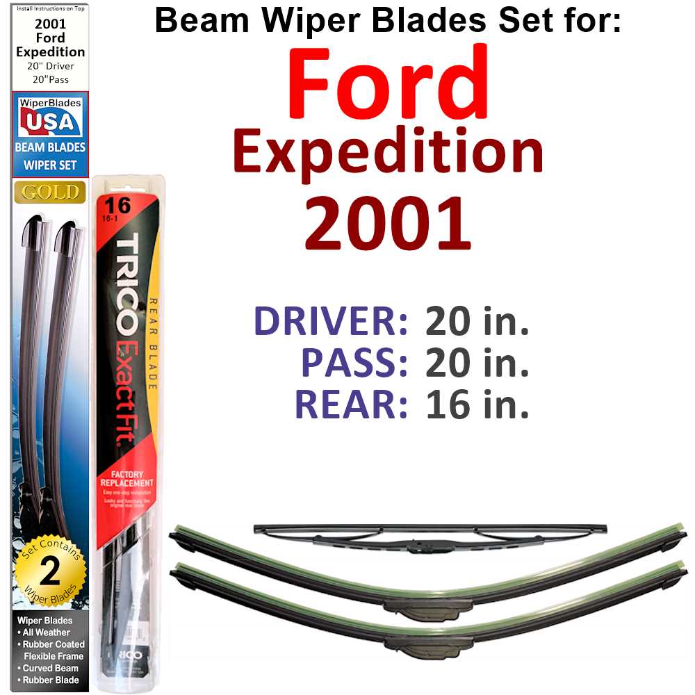 Set of 3 Beam Wiper Blades designed for 2001 Ford Expedition, showcasing their flexible and durable construction.