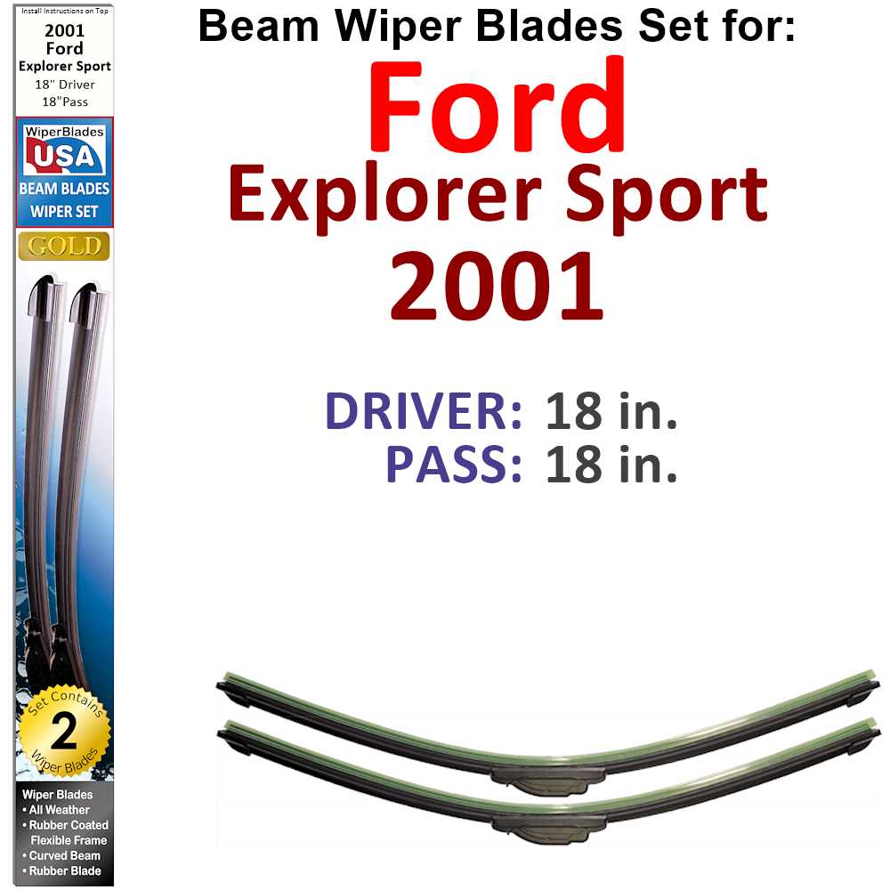 Set of two Beam Wiper Blades designed for 2001 Ford Explorer Sport, featuring a low-profile and flexible design for optimal windshield contact.