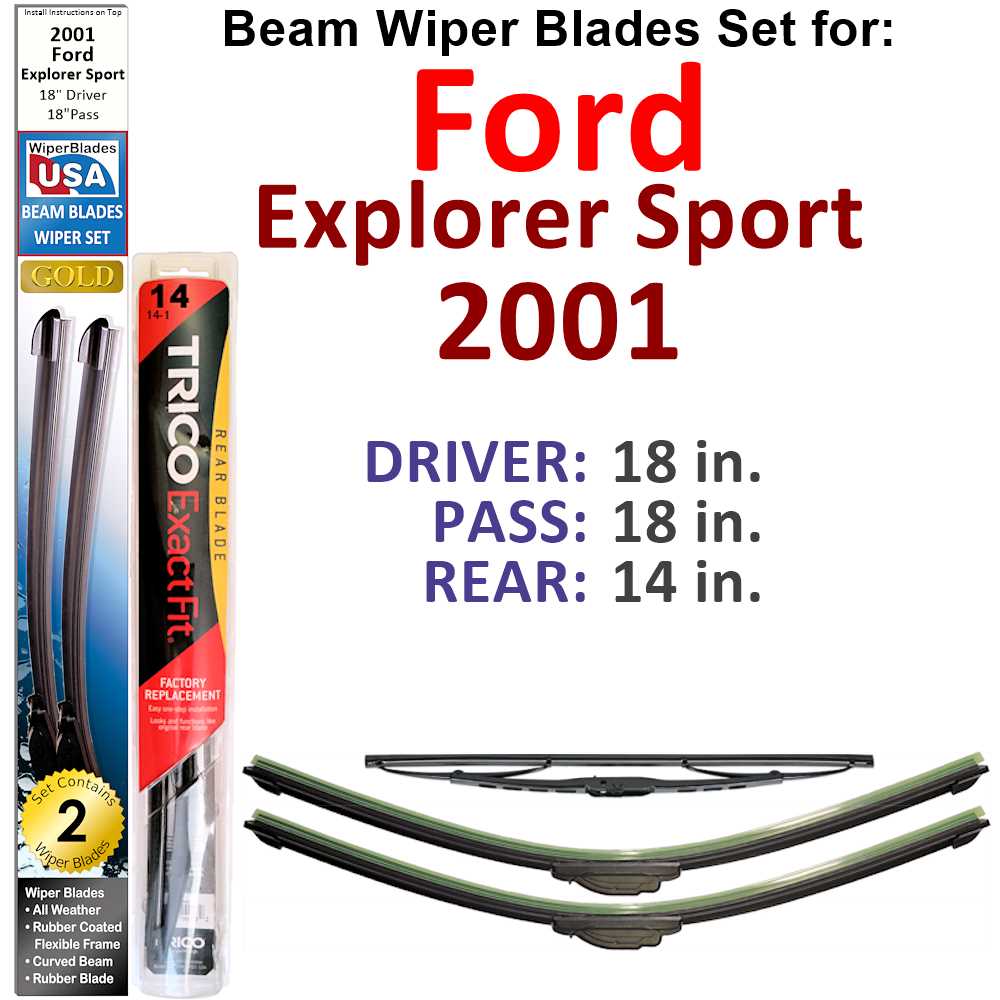 Set of 3 Beam Wiper Blades designed for 2001 Ford Explorer Sport, showcasing their flexible and durable construction.