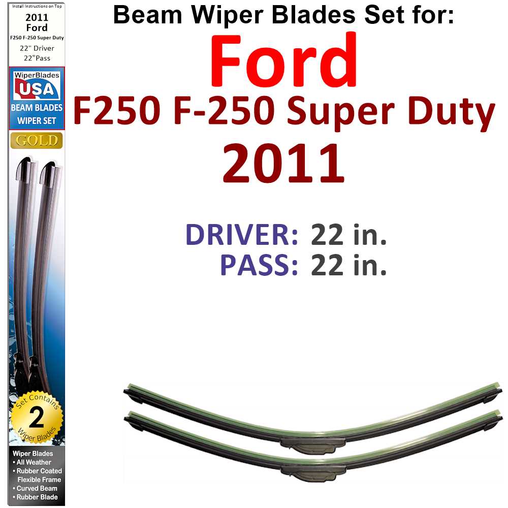 Set of two Beam Wiper Blades for 2011 Ford F250, showcasing their flexible design and rubber-encased metal spine.