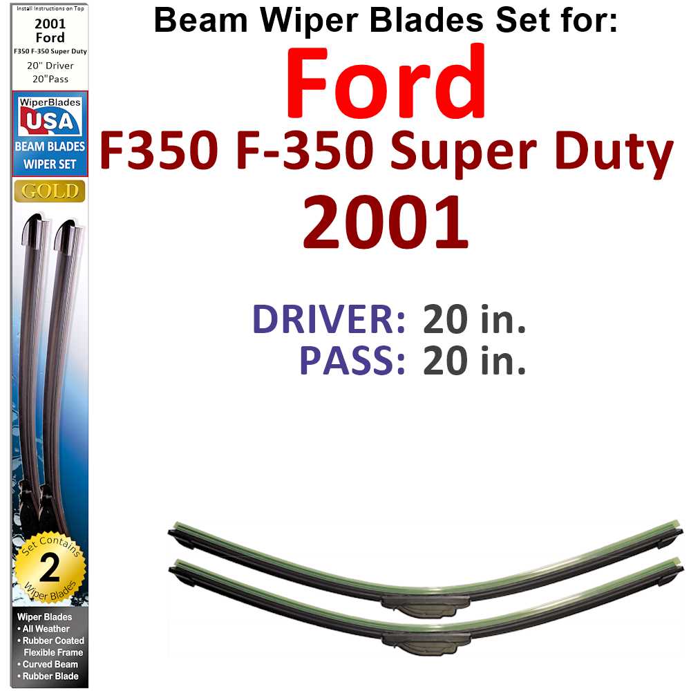 Set of 2 Beam Wiper Blades designed for 2001 Ford F350 F-350 Super Duty, showcasing their flexible and durable construction.