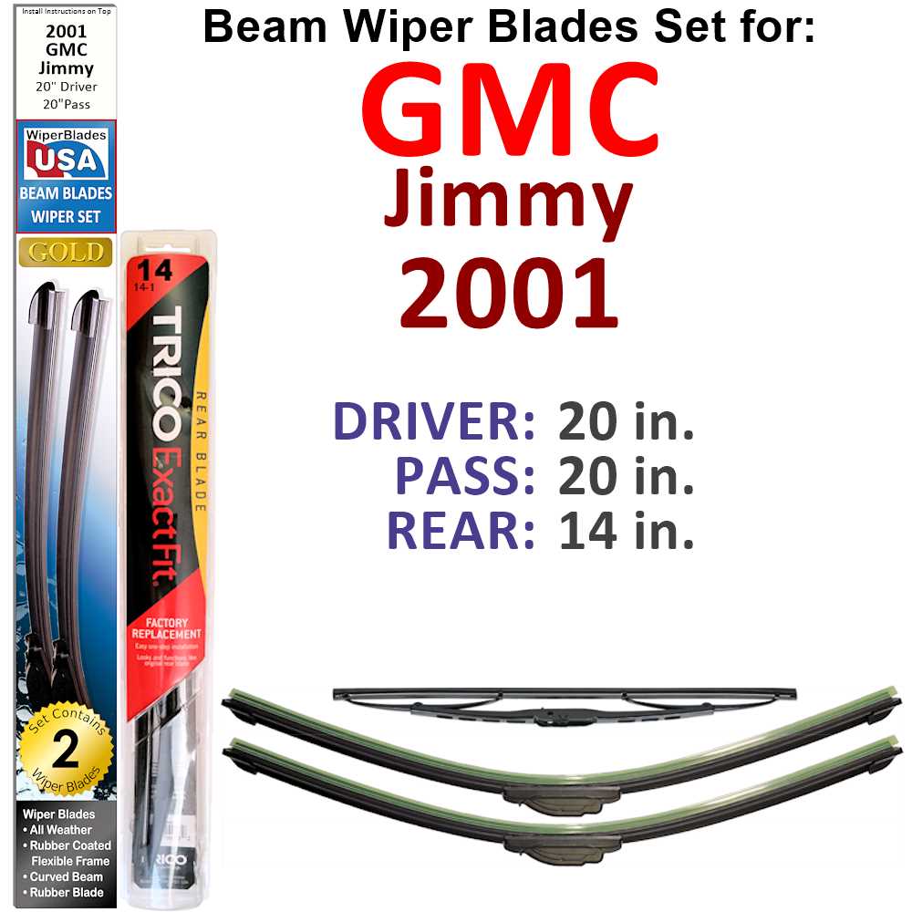 Set of 3 Beam Wiper Blades designed for 2001 GMC Jimmy, showcasing their flexible and durable construction.