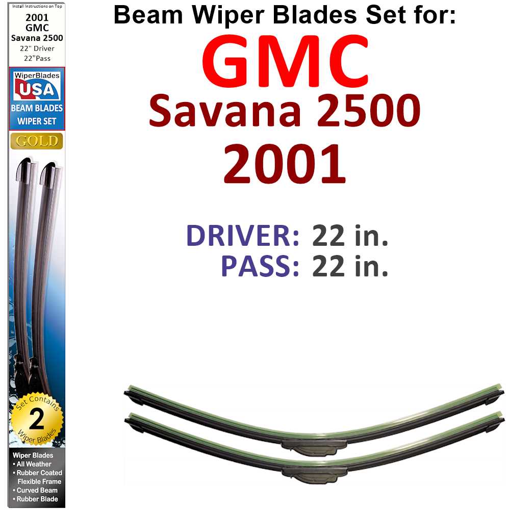 Set of two Beam Wiper Blades designed for 2001 GMC Savana 2500, showcasing their flexible beam design and rubber-covered spine.