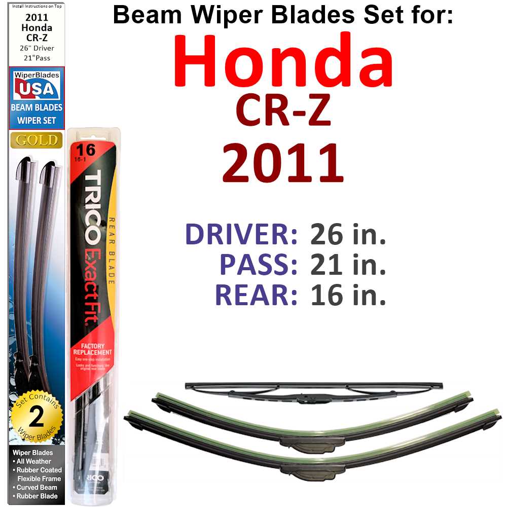 Set of 3 Beam Wiper Blades designed for 2011 Honda CR-Z, showcasing their flexible and durable construction.