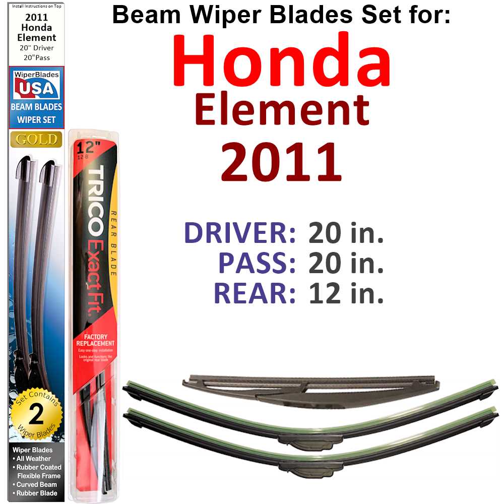 Set of 3 Beam Wiper Blades designed for 2011 Honda Element, showcasing their flexible and durable construction.