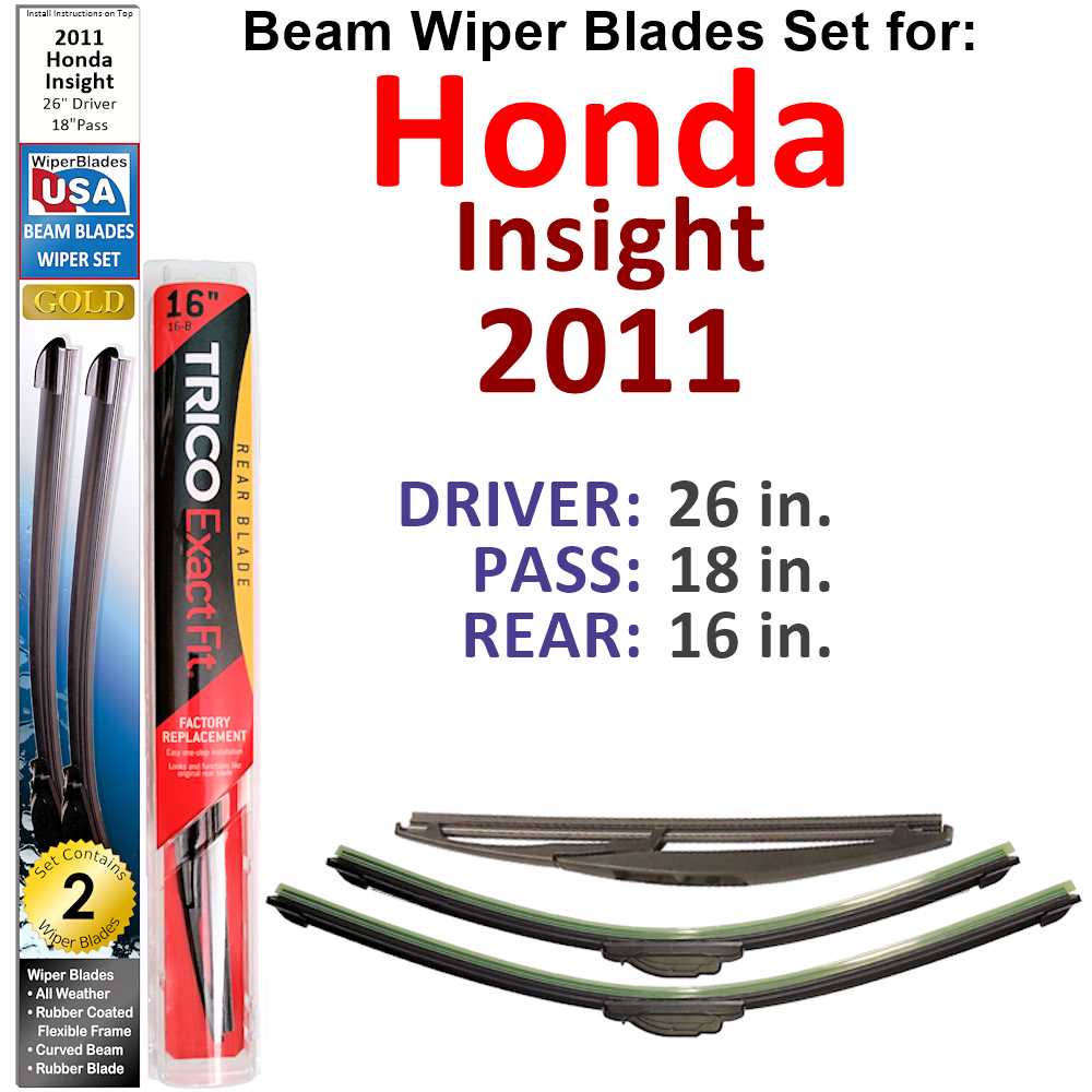 Set of 3 Beam Wiper Blades designed for 2011 Honda Insight, showcasing their flexible and durable construction.