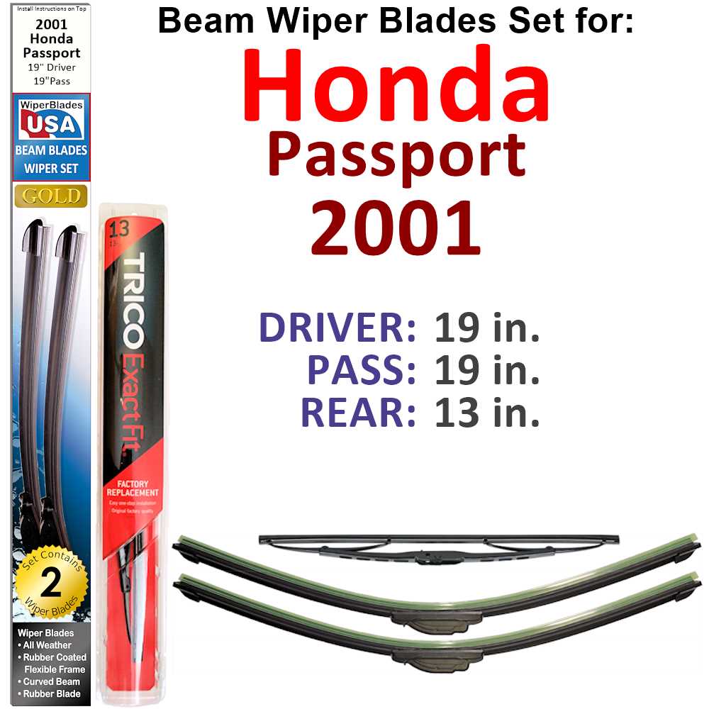 Set of 3 Beam Wiper Blades designed for 2001 Honda Passport, showcasing their flexible and durable design.