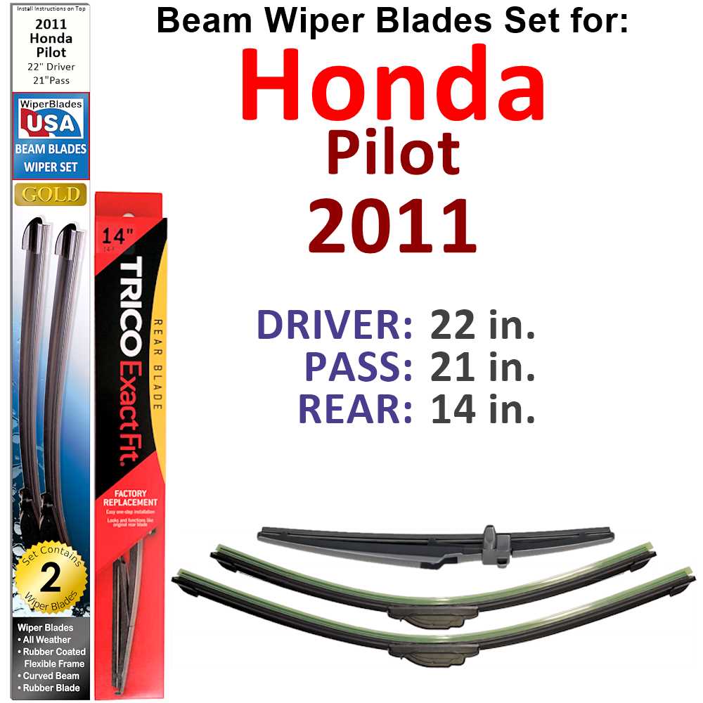 Set of 3 Beam Wiper Blades designed for 2011 Honda Pilot, showcasing their flexible and durable construction.