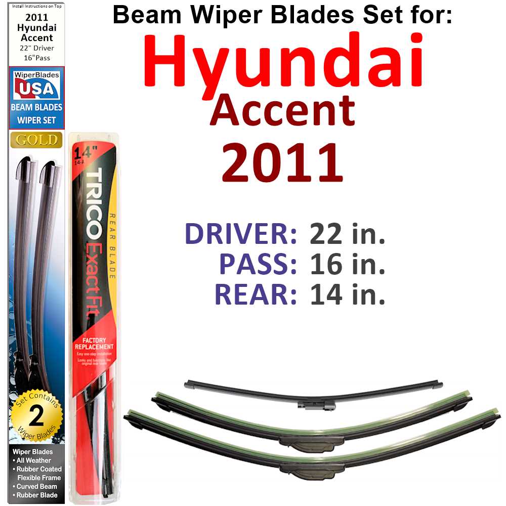 Set of 3 Beam Wiper Blades designed for 2011 Hyundai Accent, showcasing their flexible and durable construction.