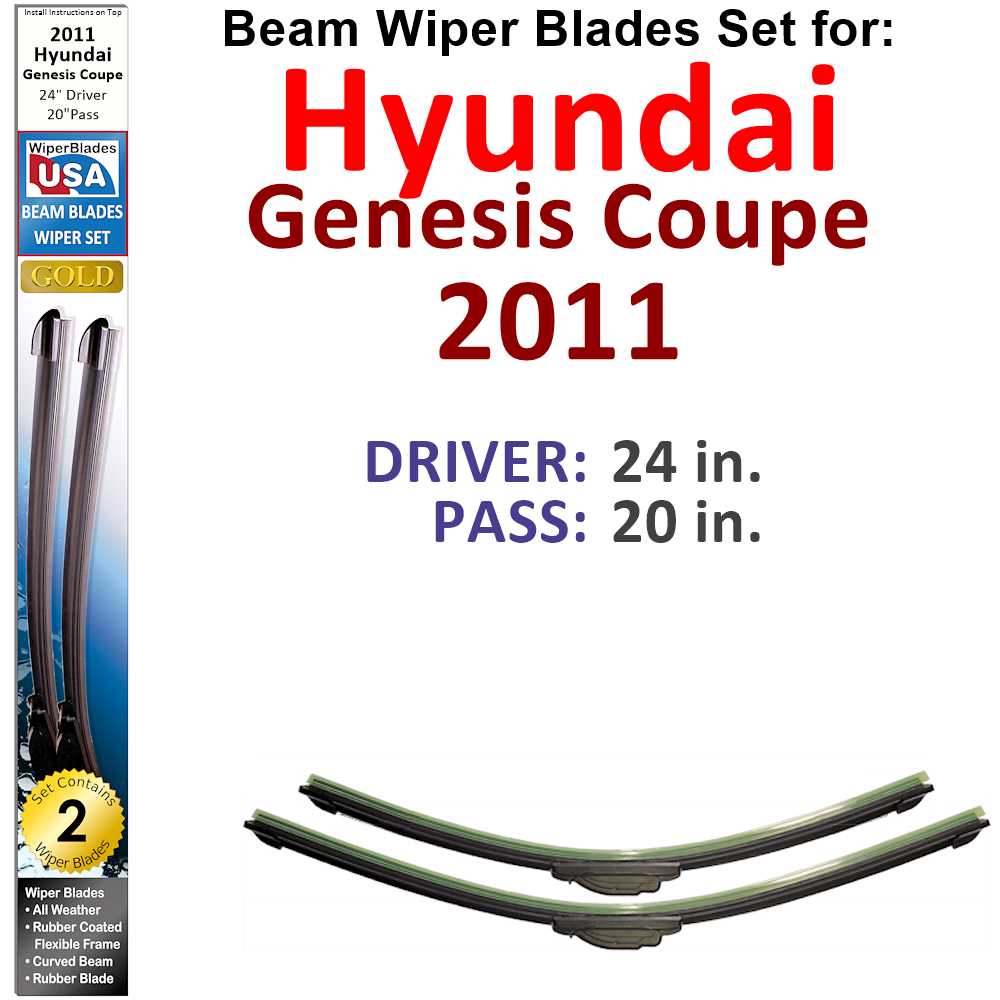 Set of two Beam Wiper Blades designed for 2011 Hyundai Genesis Coupe, showcasing their flexible and durable construction.