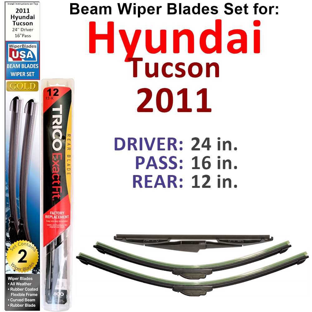 Set of 3 Beam Wiper Blades designed for 2011 Hyundai Tucson, showcasing their flexible and durable construction.