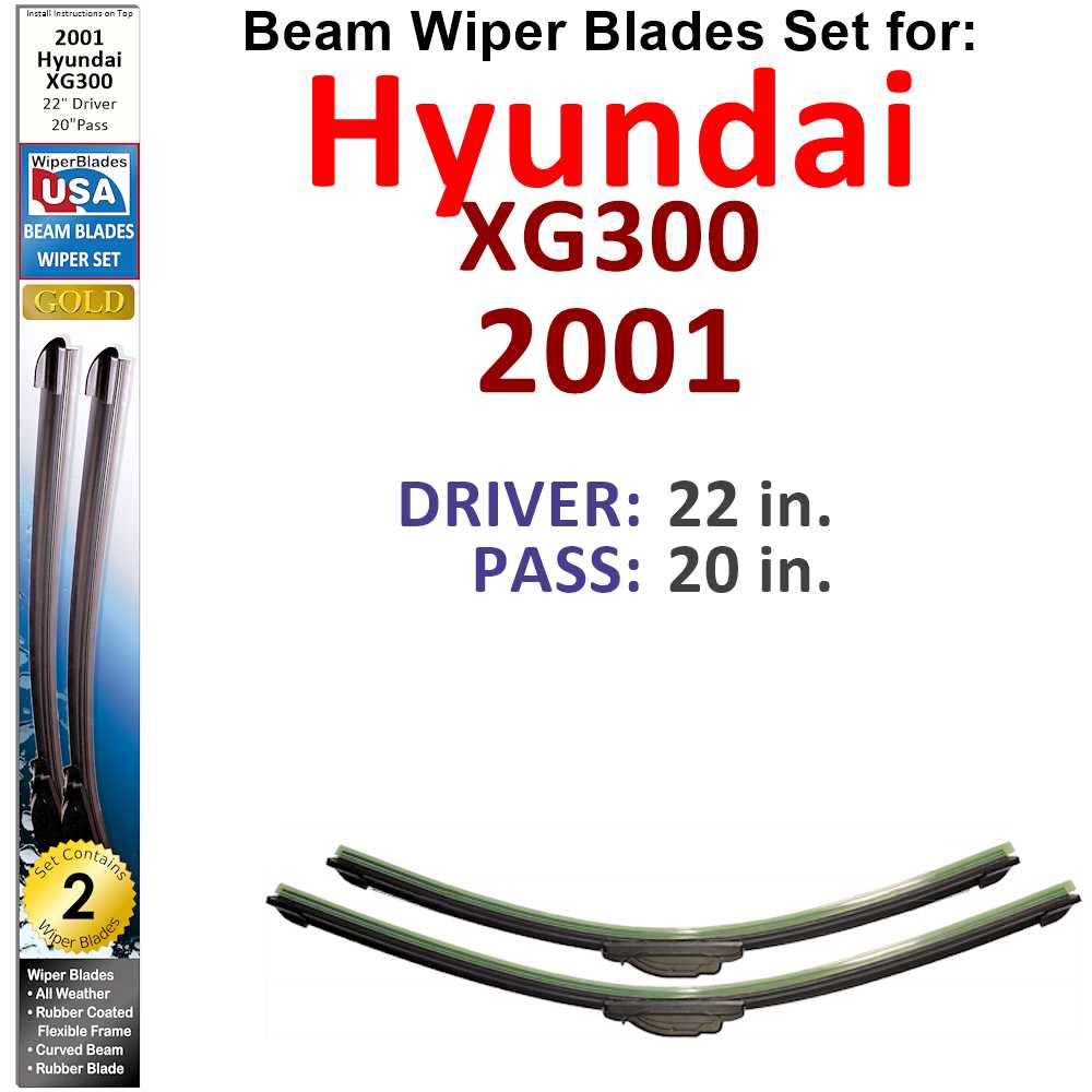 Set of 2 Beam Wiper Blades designed for 2001 Hyundai XG300, showcasing their flexible and durable construction.