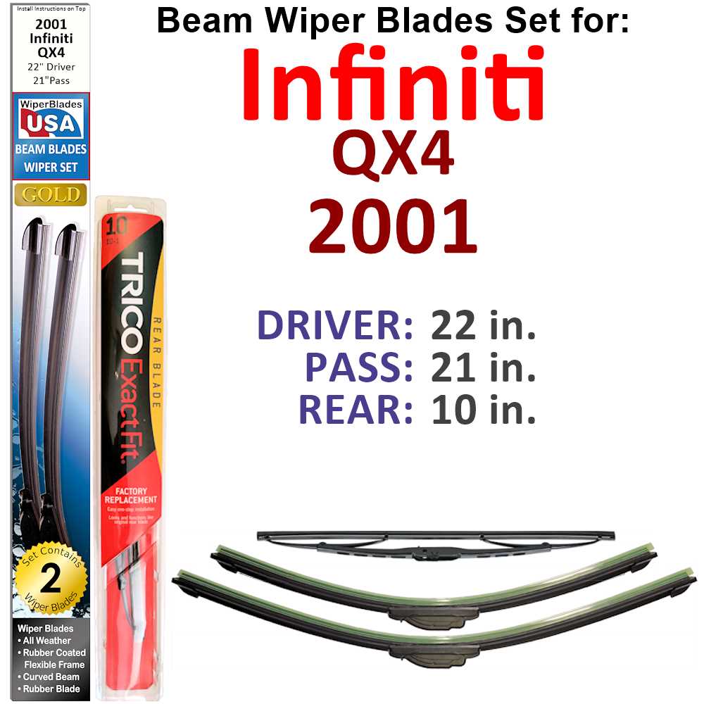 Set of 3 Beam Wiper Blades designed for 2001 Infiniti QX4, showcasing their flexible and durable construction.