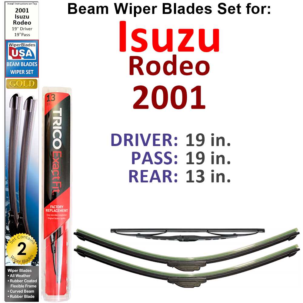 Set of 3 Beam Wiper Blades designed for 2001 Isuzu Rodeo, showcasing their flexible and durable construction.