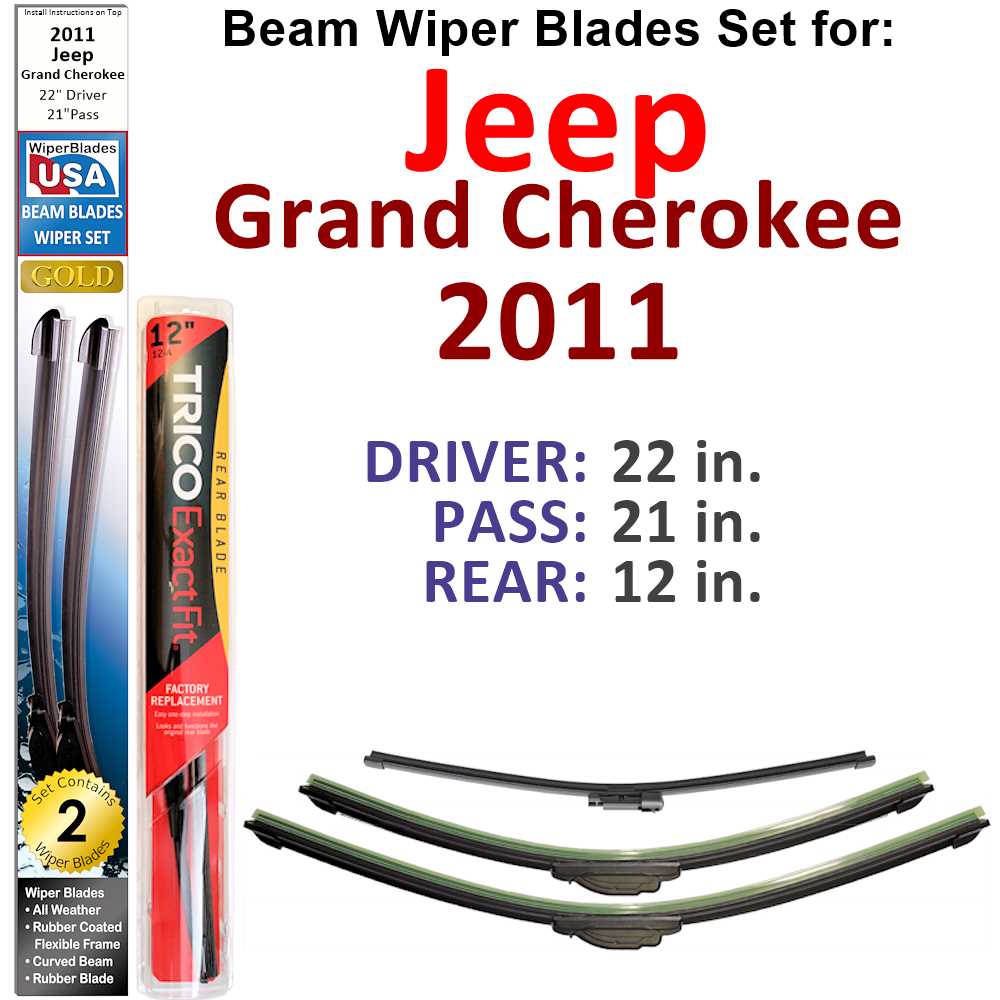 Set of 3 Beam Wiper Blades designed for 2011 Jeep Grand Cherokee, showcasing their flexible and durable construction.