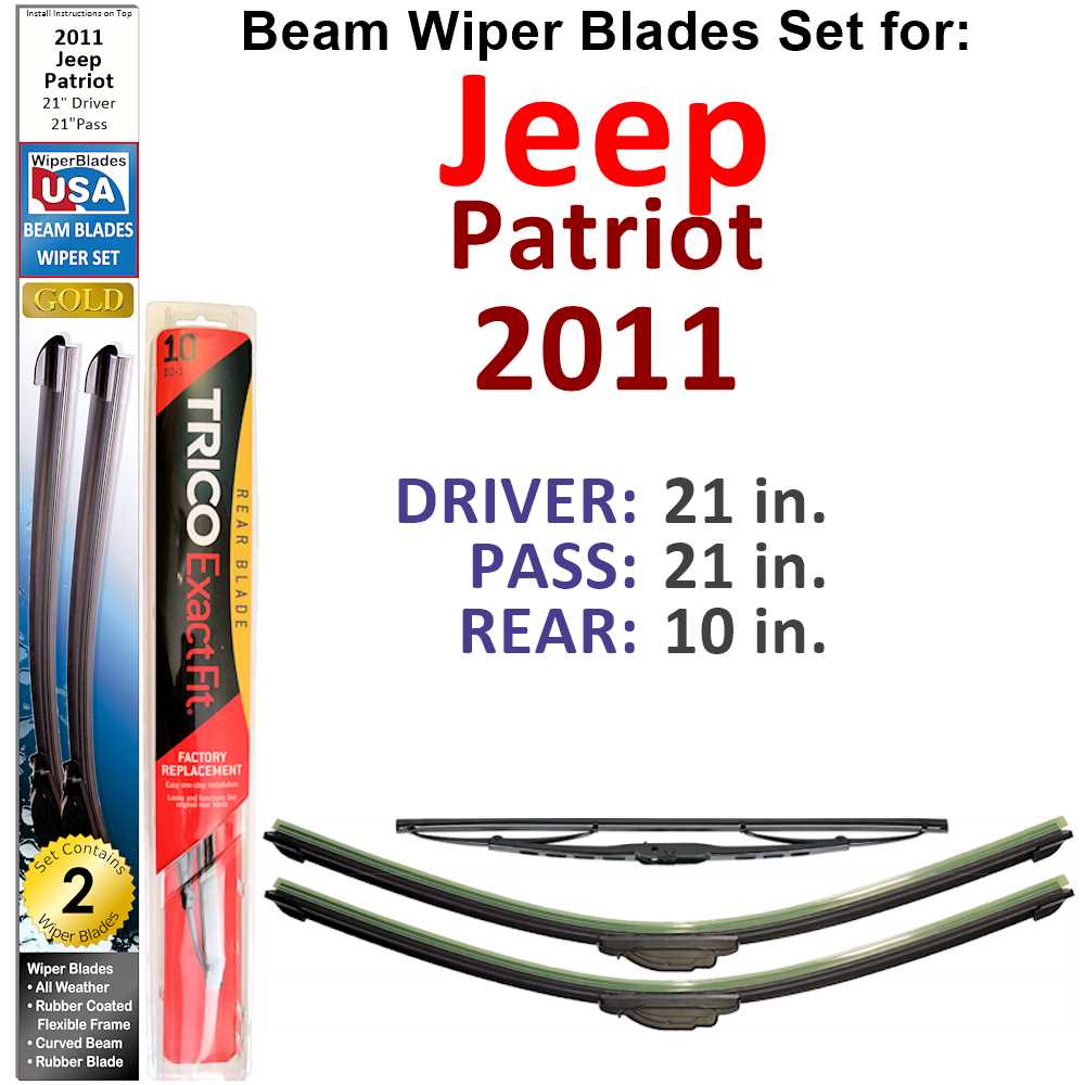 Set of 3 Beam Wiper Blades designed for 2011 Jeep Patriot, showcasing their flexible and durable construction.