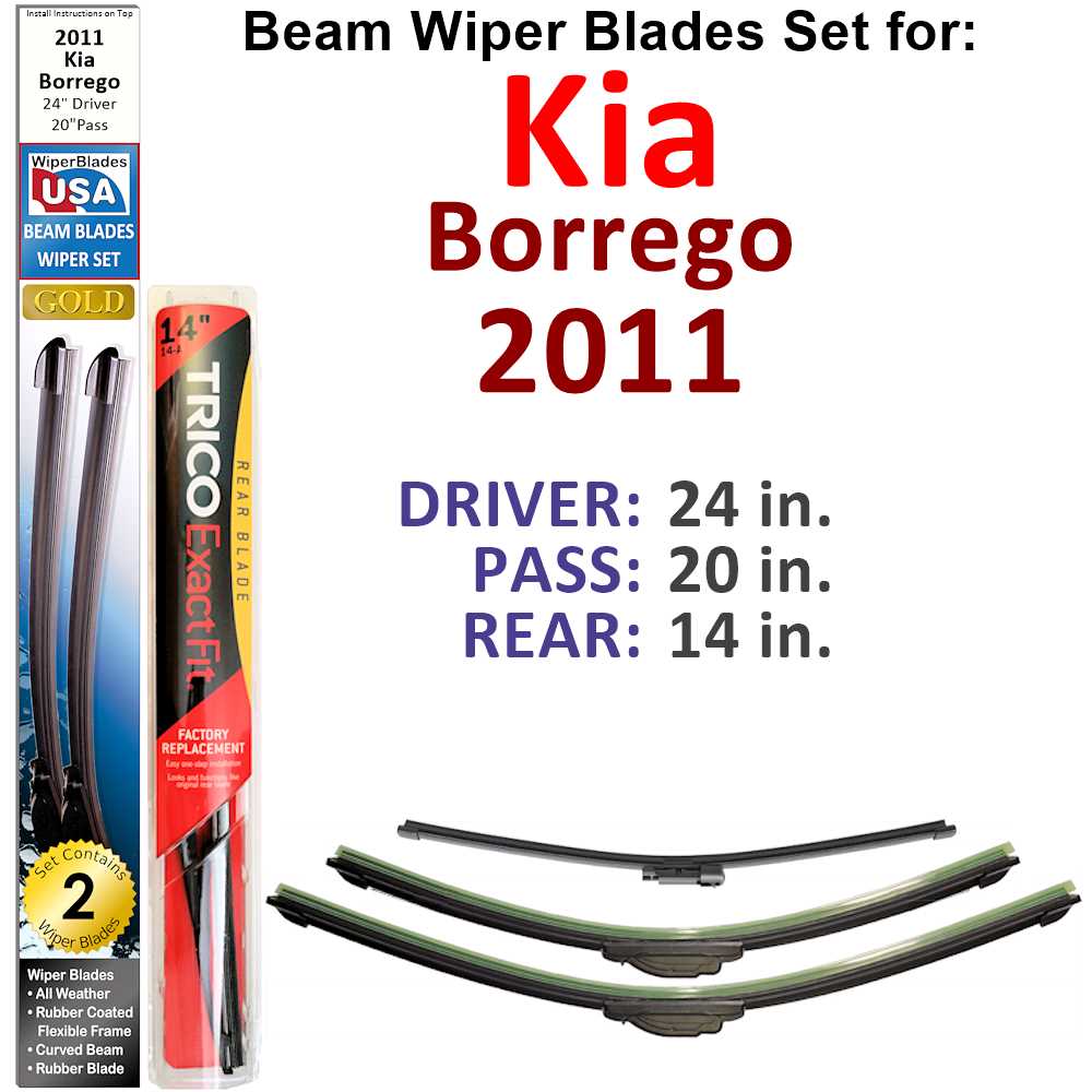 Set of 3 Beam Wiper Blades designed for 2011 Kia Borrego, showcasing their flexible and durable construction.