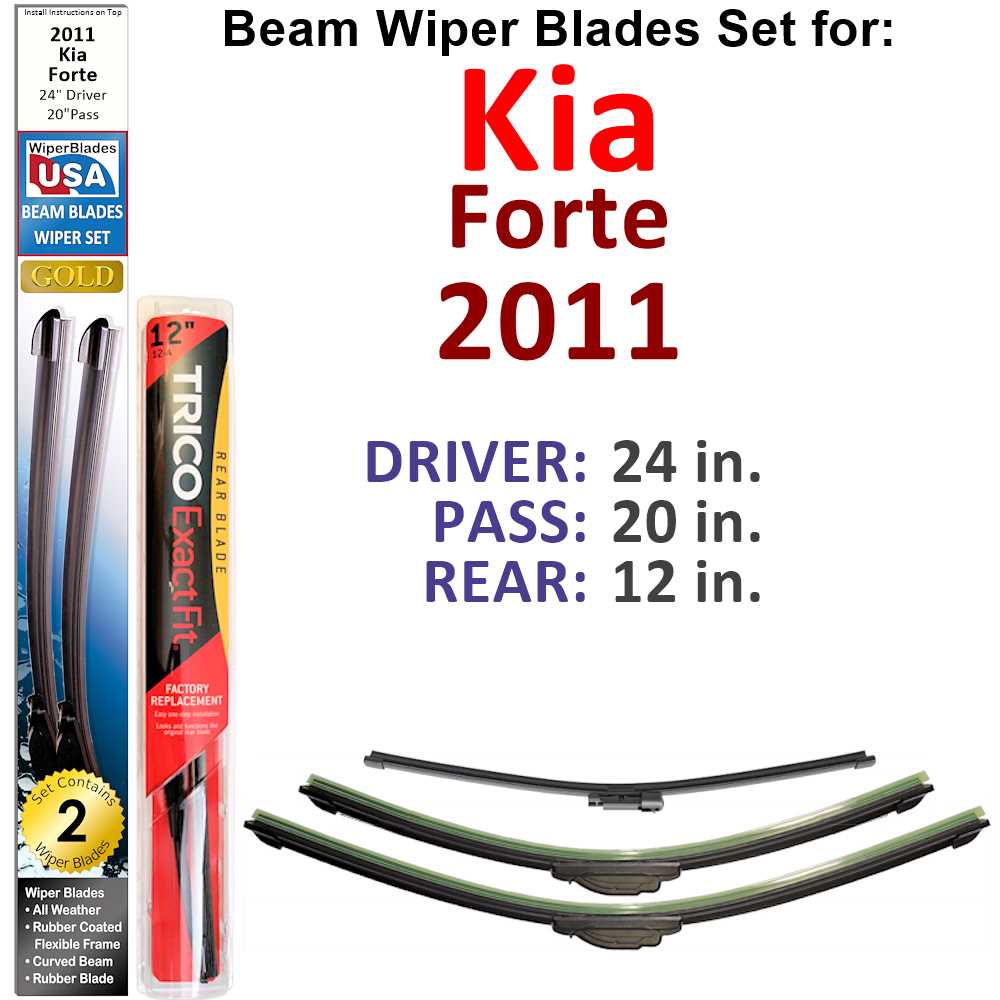 Set of 3 Beam Wiper Blades designed for 2011 Kia Forte, showcasing their flexible and durable construction.