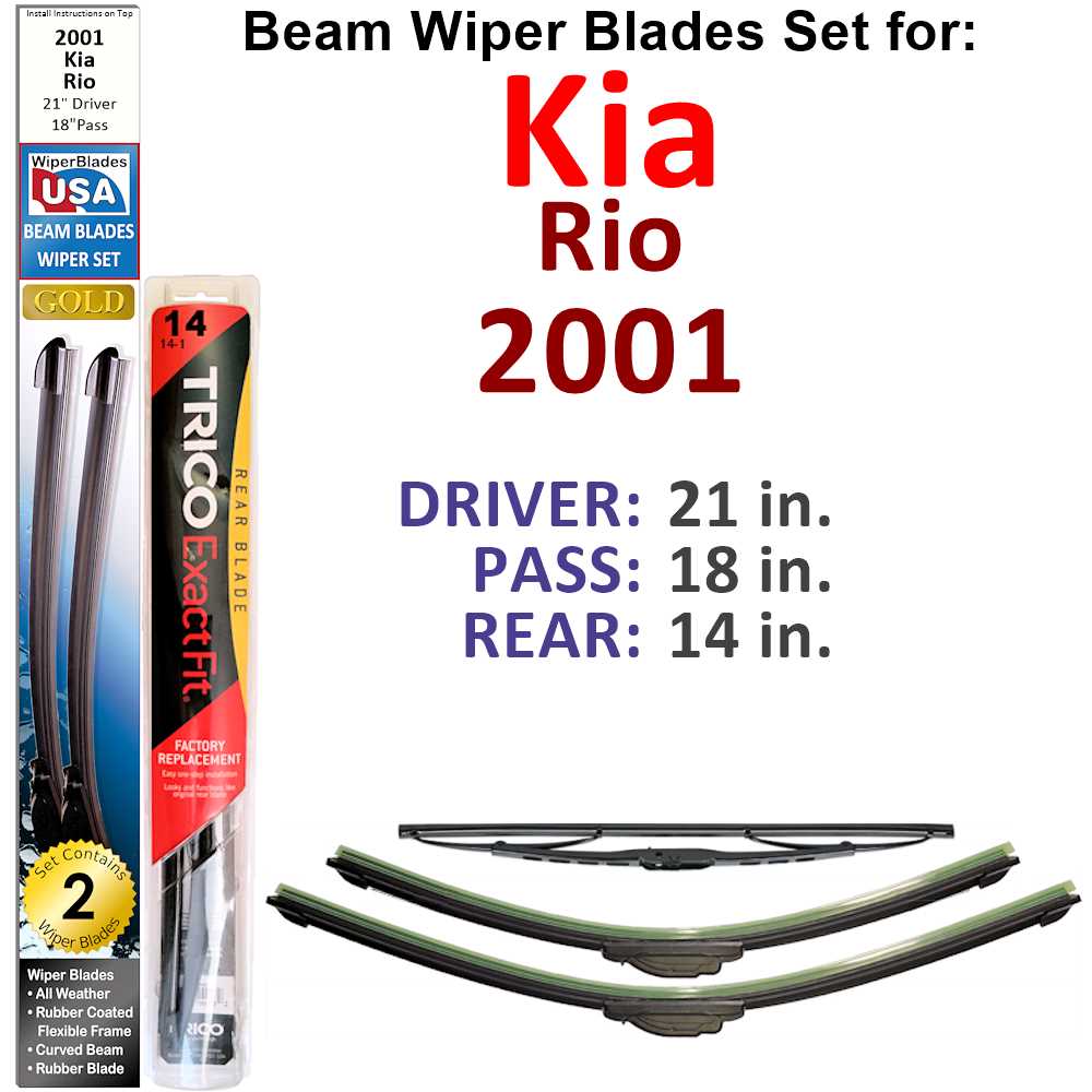 Set of 3 Beam Wiper Blades for 2001 Kia Rio, showcasing their flexible design and rubber-encased metal spine for durability.