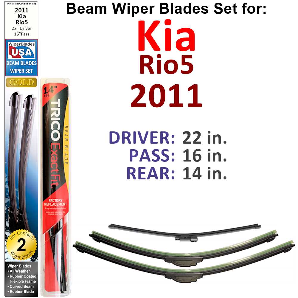 Set of 3 Beam Wiper Blades designed for 2011 Kia Rio5, showcasing their flexible and durable construction.