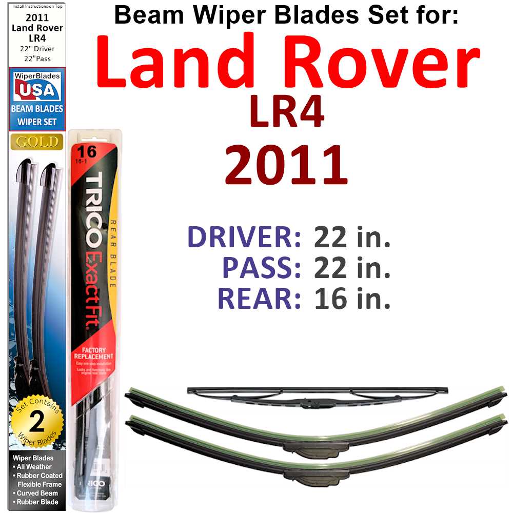 Set of 3 Beam Wiper Blades designed for 2011 Land Rover LR4, showcasing their flexible and durable design.