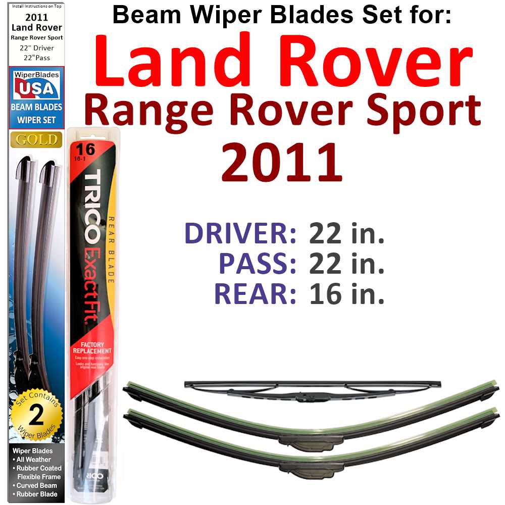 Set of 3 Beam Wiper Blades designed for 2011 Land Rover Range Rover Sport, showcasing their flexible and durable design.