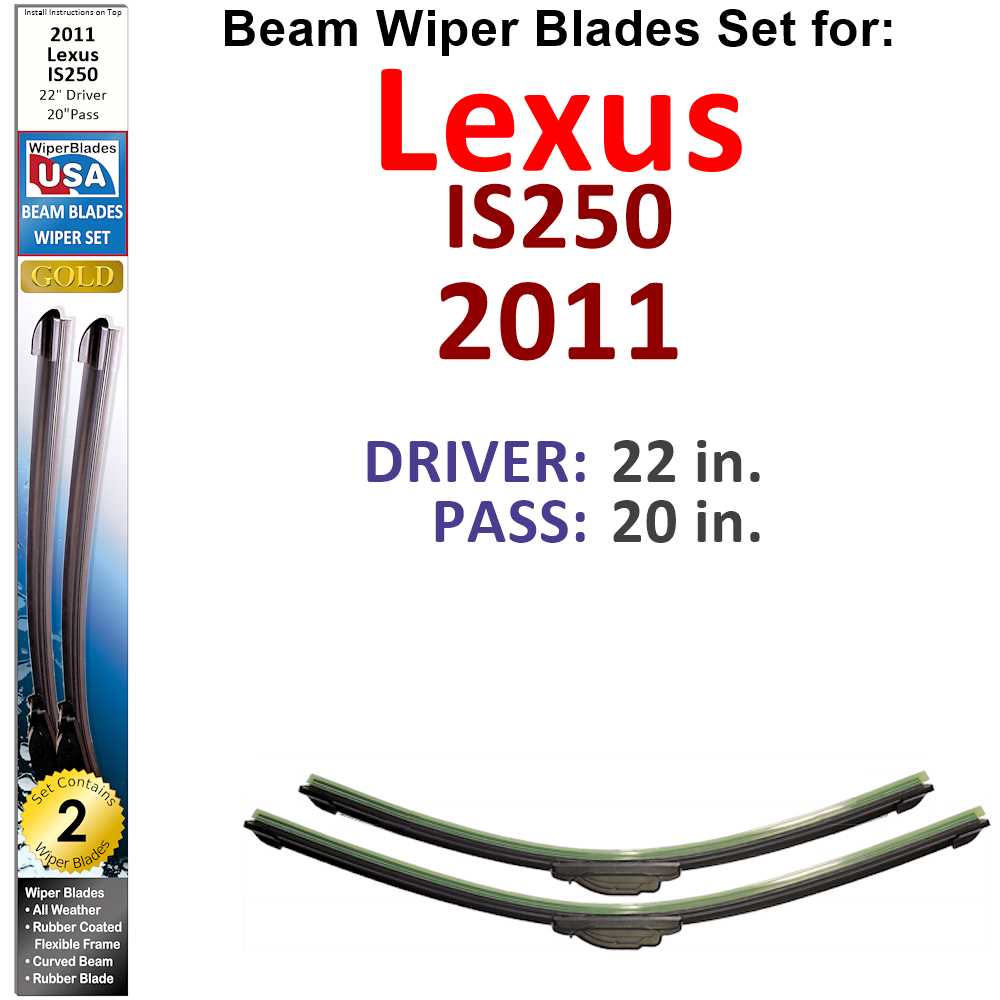 Set of two Beam Wiper Blades designed for 2011 Lexus IS250, showcasing their flexible and durable construction.