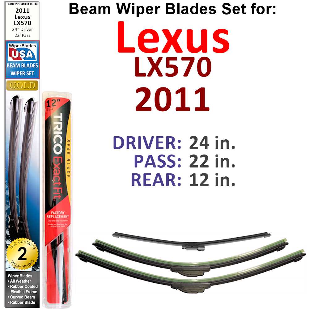 Set of 3 Beam Wiper Blades designed for 2011 Lexus LX570, showcasing their flexible and durable construction.