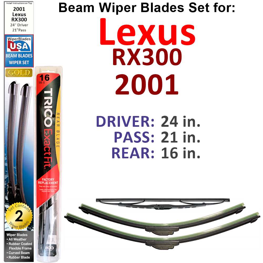 Set of Beam Wiper Blades for 2001 Lexus RX300, showcasing three blades of varying lengths for driver, passenger, and rear use.