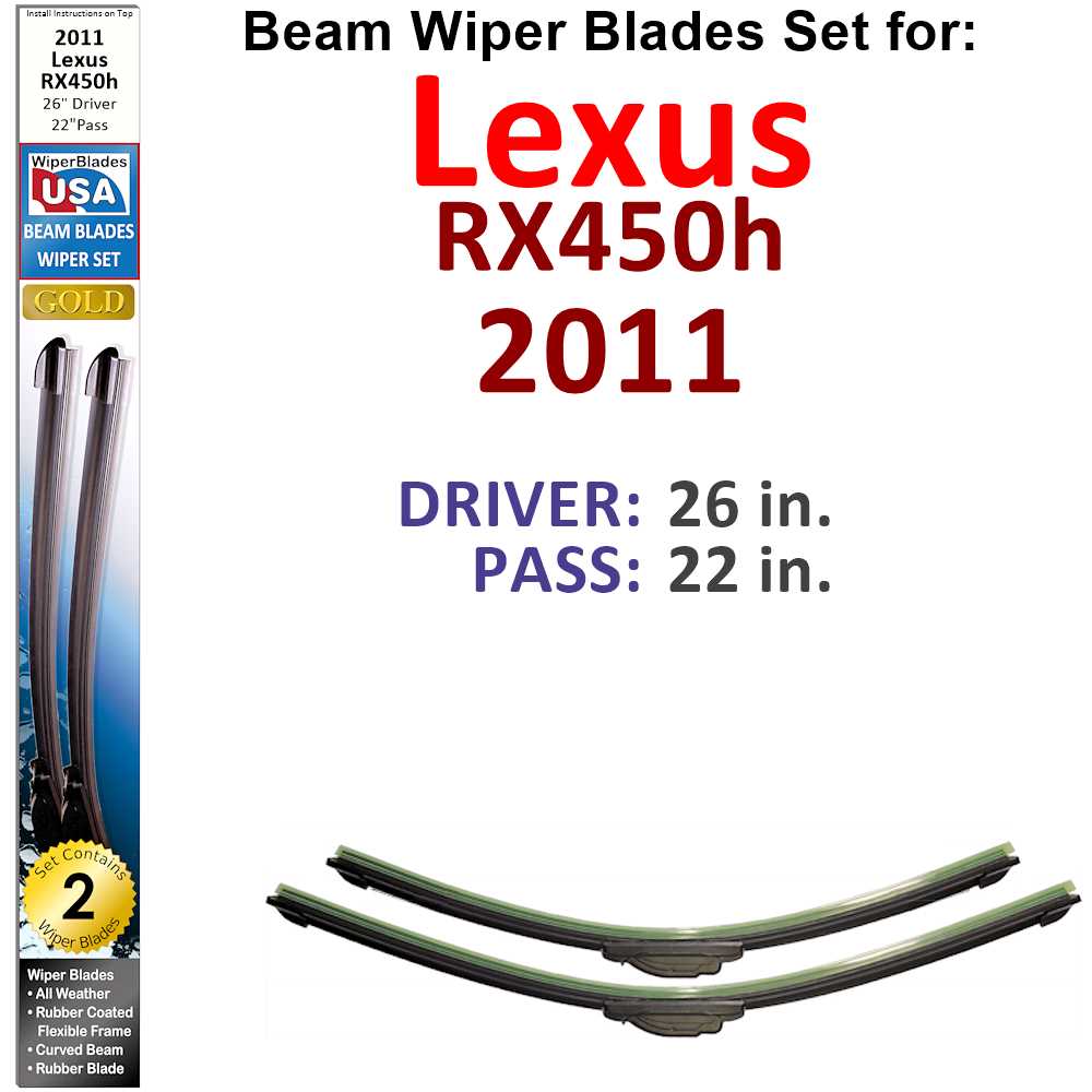 Set of 2 Beam Wiper Blades designed for 2011 Lexus RX450h, showcasing their flexible and durable construction.