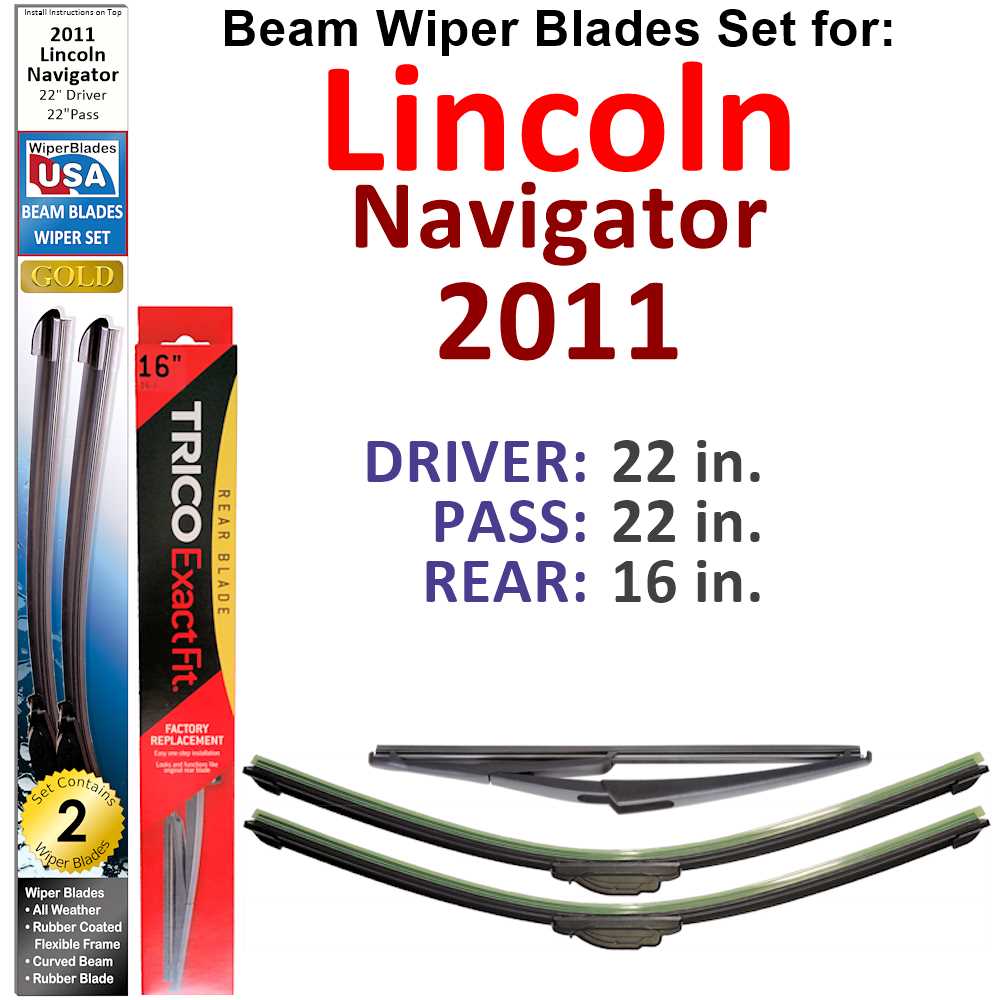 Set of 3 Beam Wiper Blades designed for 2011 Lincoln Navigator, showcasing their flexible and durable construction.