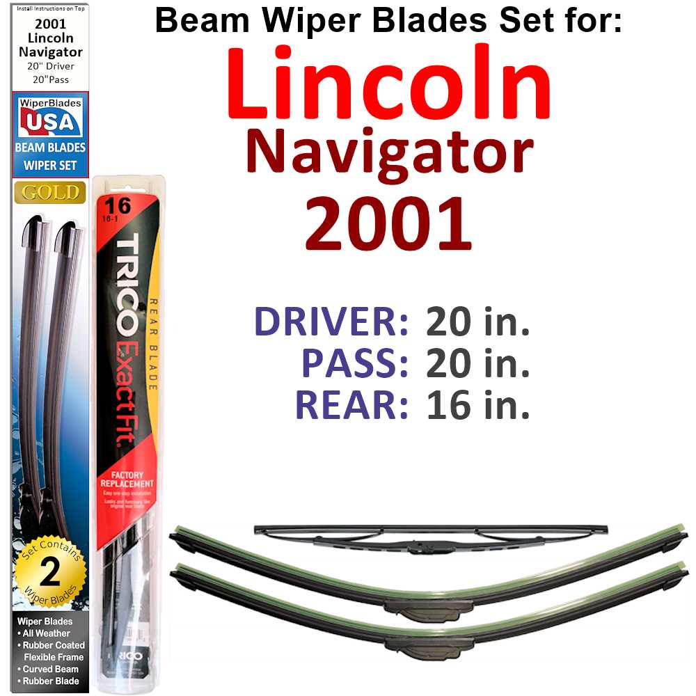 Set of 3 Beam Wiper Blades designed for 2001 Lincoln Navigator, showcasing their flexible and durable construction.