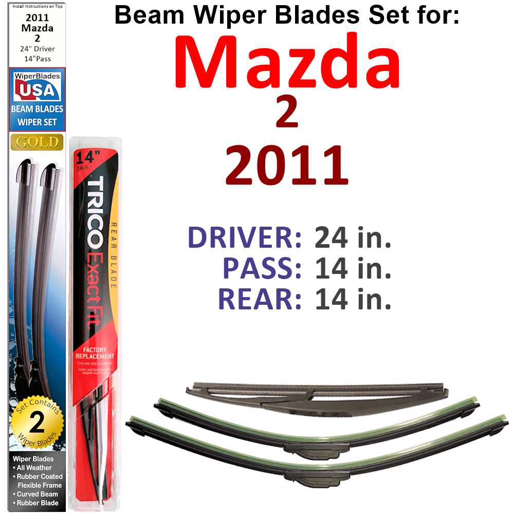 Set of 3 Beam Wiper Blades designed for 2011 Mazda 2, showcasing their flexible and durable construction.