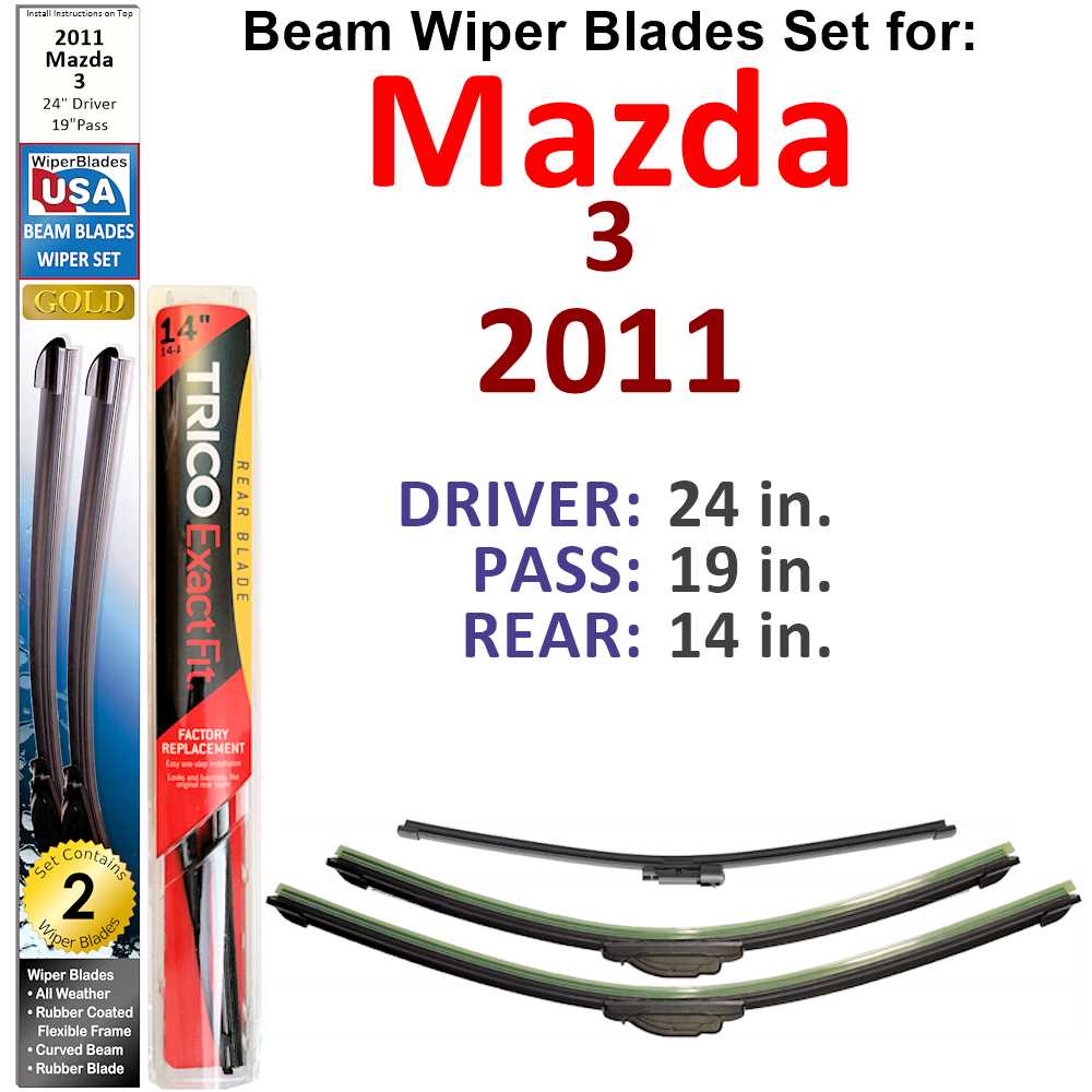 Set of Beam Wiper Blades for 2011 Mazda 3, showcasing three blades designed for optimal fit and performance.