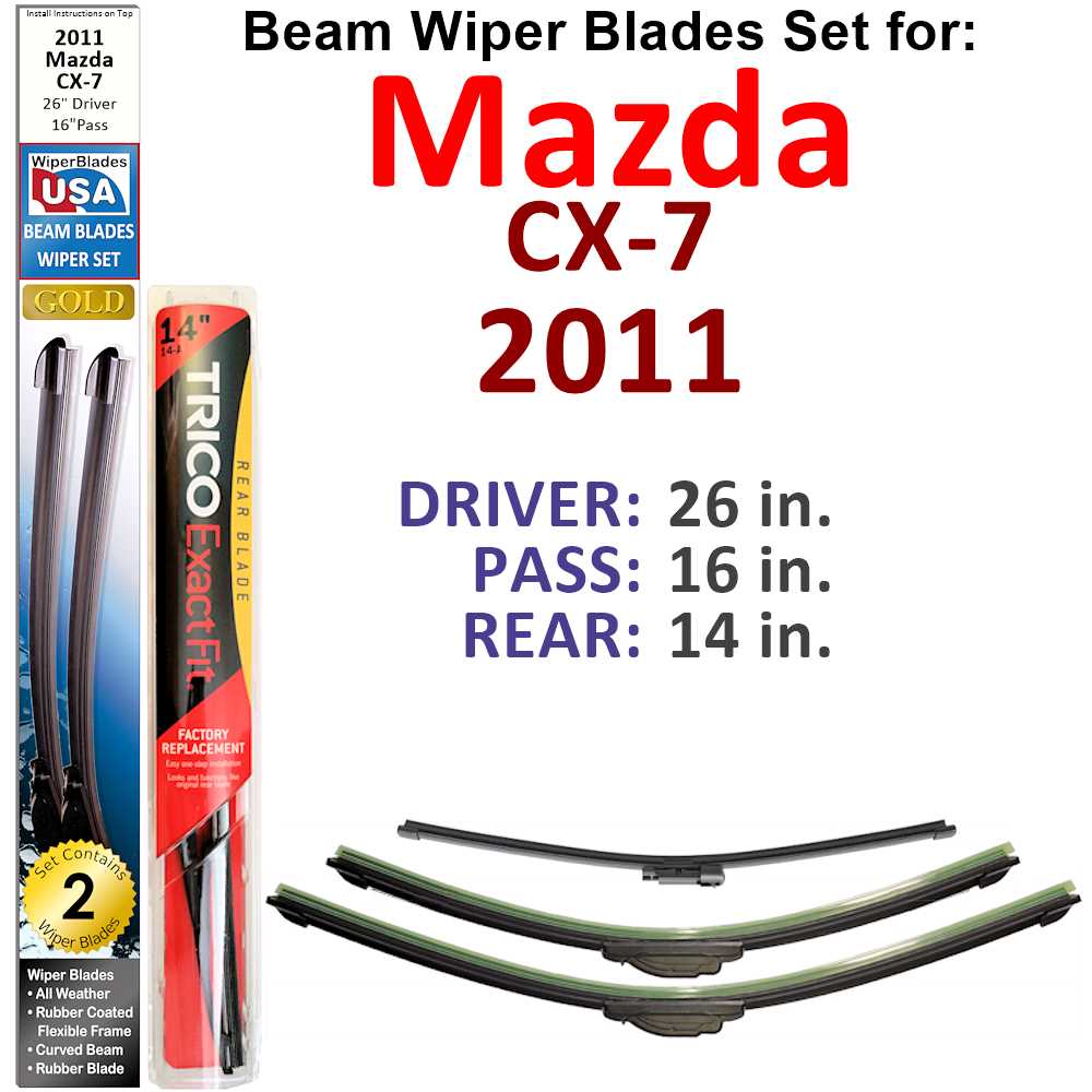 Set of 3 Beam Wiper Blades designed for 2011 Mazda CX-7, showcasing their flexible and durable construction.