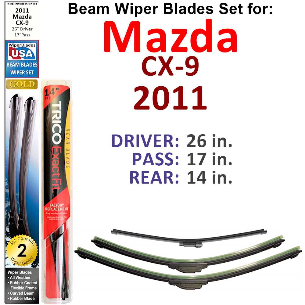 Set of 3 Beam Wiper Blades designed for 2011 Mazda CX-9, showcasing their flexible and low-profile design.