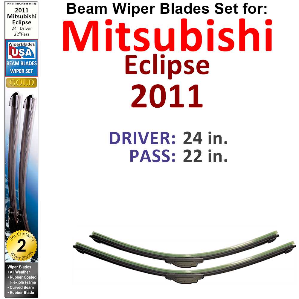 Set of 2 Beam Wiper Blades designed for 2011 Mitsubishi Eclipse, showcasing their flexible and durable construction.