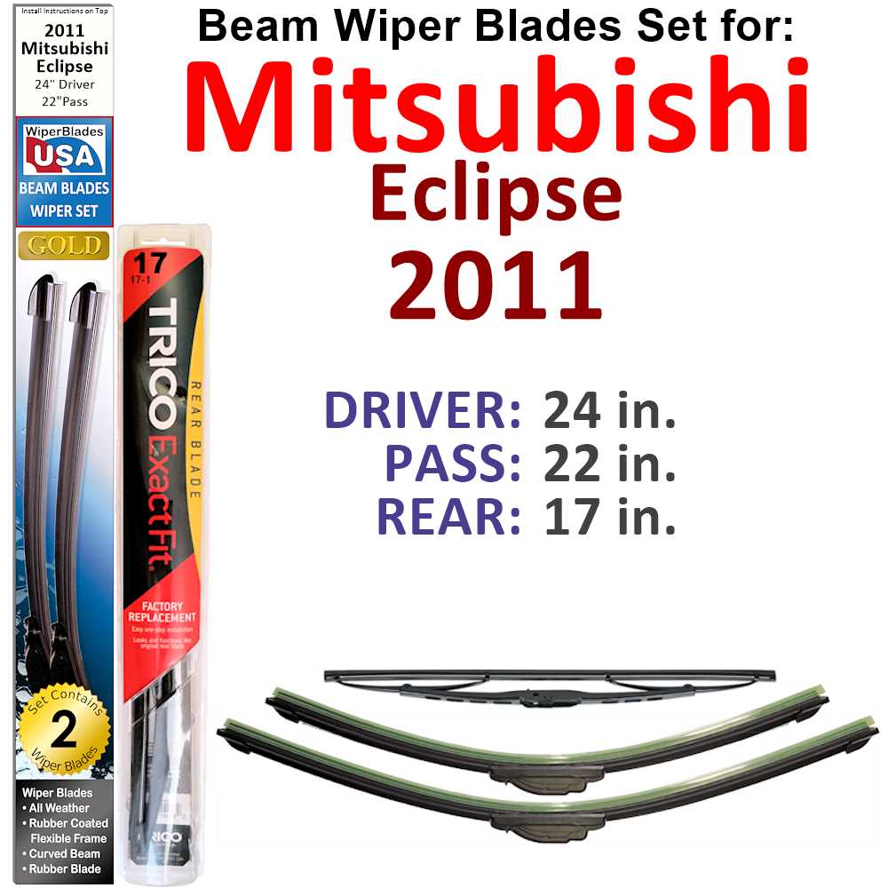 Set of 3 Beam Wiper Blades designed for 2011 Mitsubishi Eclipse, showcasing their sleek design and durable construction.