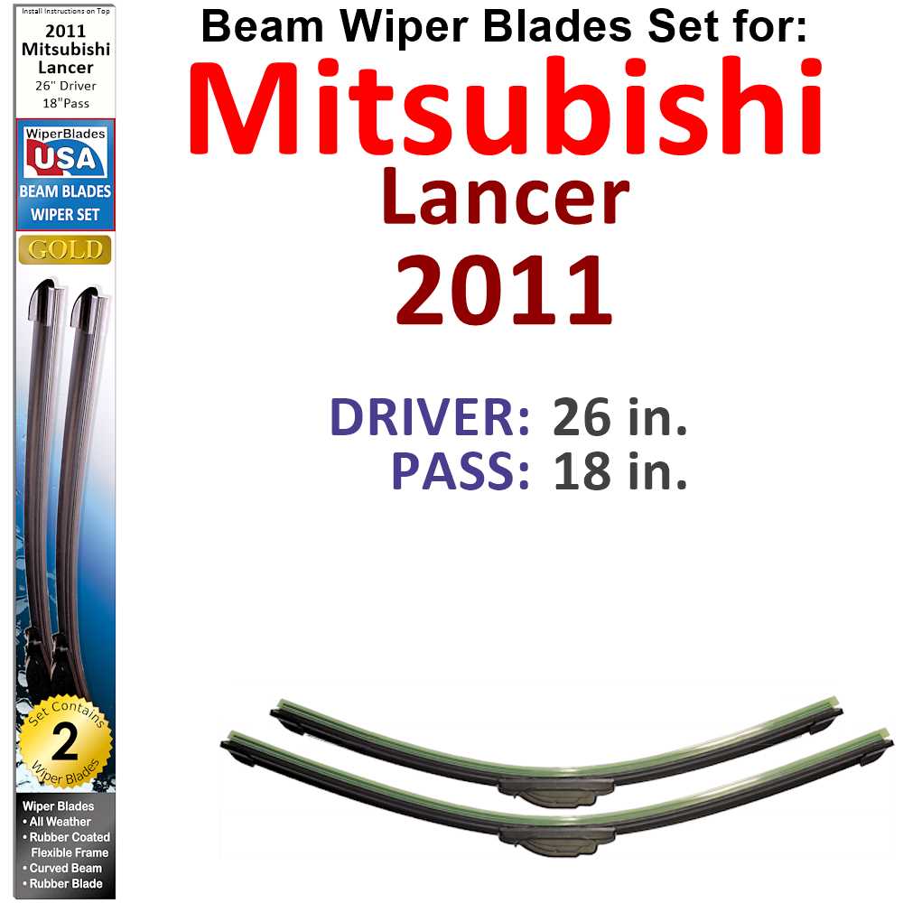 Set of two Beam Wiper Blades designed for 2011 Mitsubishi Lancer Ralliart, showcasing their flexible and sealed construction.