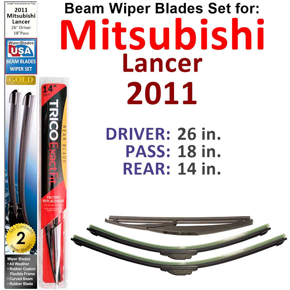 Set of 3 Beam Wiper Blades designed for 2011 Mitsubishi Lancer Ralliart, showcasing their flexible and durable design.