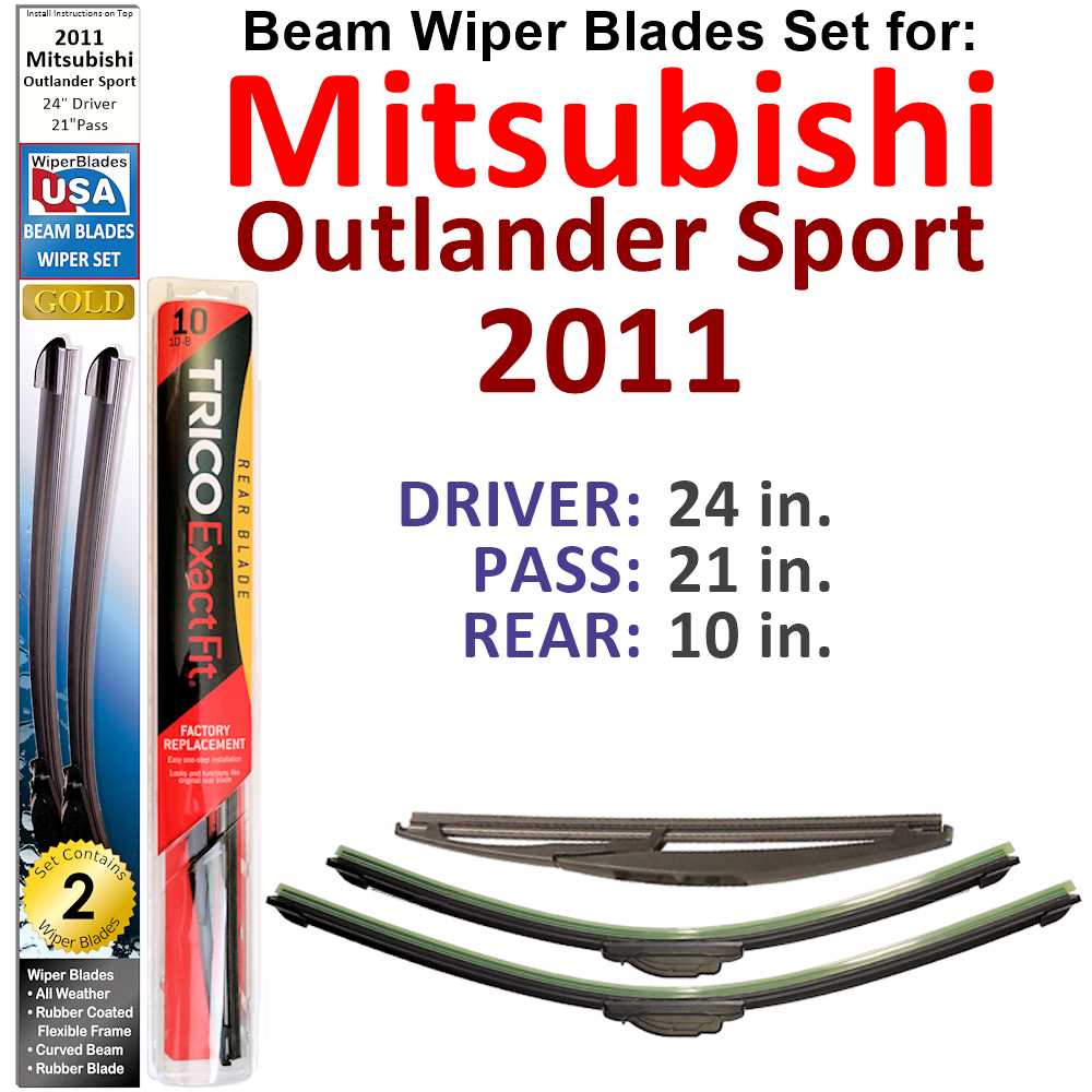 Set of 3 Beam Wiper Blades designed for 2011 Mitsubishi Outlander Sport, showcasing their flexible and durable construction.