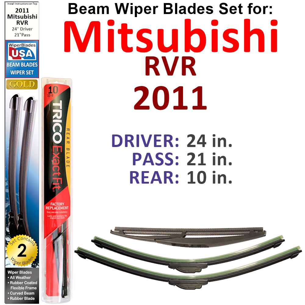 Set of 3 Beam Wiper Blades designed for 2011 Mitsubishi RVR, showcasing their flexible and durable construction.