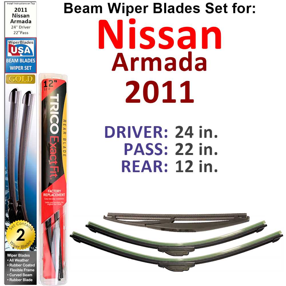 Set of 3 Beam Wiper Blades designed for 2011 Nissan Armada, showcasing their flexible and durable construction.