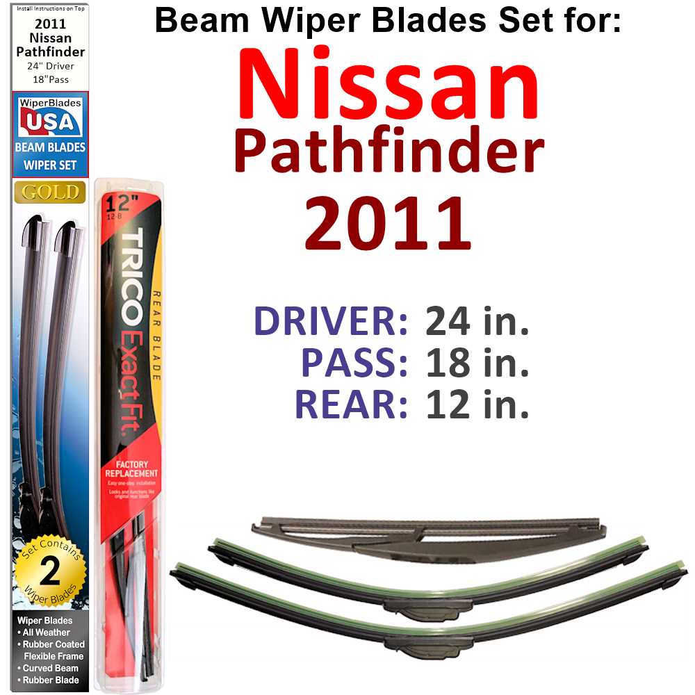 Set of 3 Beam Wiper Blades designed for 2011 Nissan Pathfinder, showcasing their flexible and durable construction.